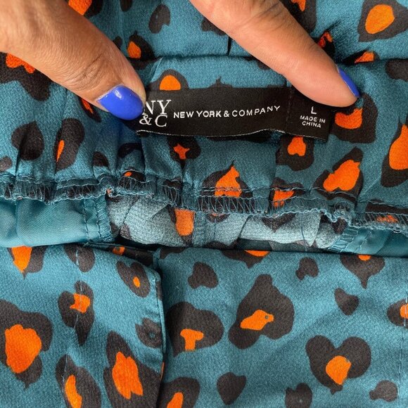 New York & Company Teal Orange Leopard Print Tie Waist Satin Shorts Size L - Picture 10 of 12